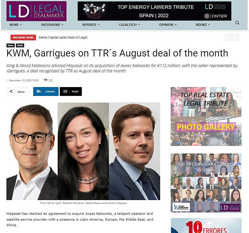 KWM, Garrigues on TTR's August deal of the month